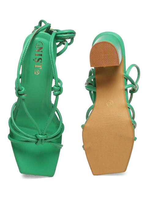 GNIST Green Strappy Tie up Block Heel Sandal